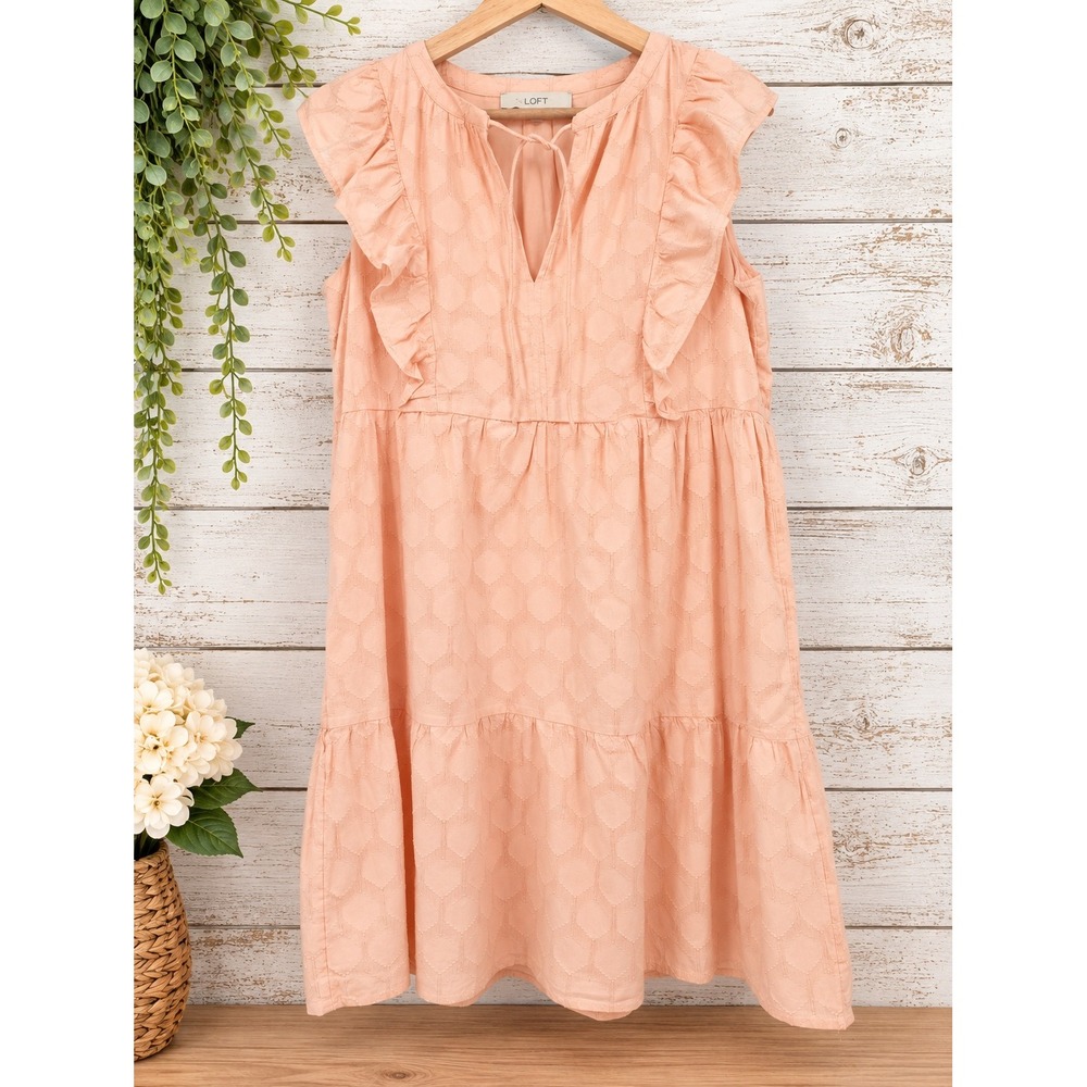 LOFT Dress Women S Pink Ruffle Tiered Sleeveless Textured